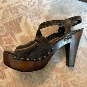 Black Leather Wood Platform Heel Sandals - Prada